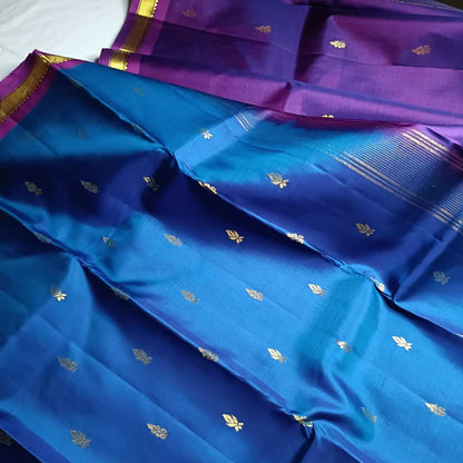 Pure Handloom MS Blue Kanjivaram Silk Saree - Temple Rekku Kaddi Border