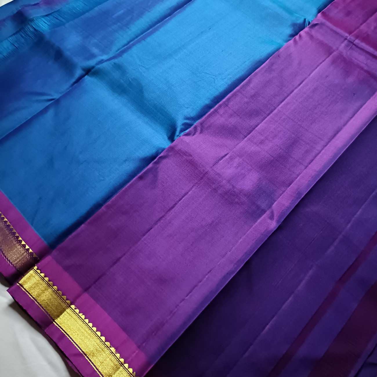 Pure Handloom MS Blue Kanjivaram Silk Saree - Temple Rekku Kaddi Border