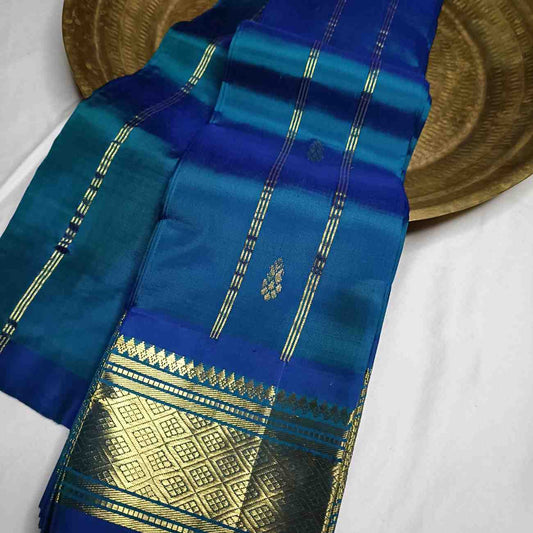 Pure Handloom Purple Thirubhuvanam Silk Saree - Peacock Blue