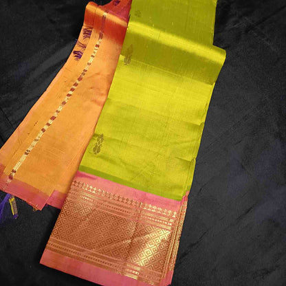Pure Handloom Parrot Green Thirubhuvanam Silk Saree - Orange Pink Border