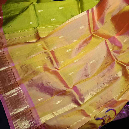 Parrot green Thirubhuvanam silk saree pallu with Rettai Maanga motifs and zari lines