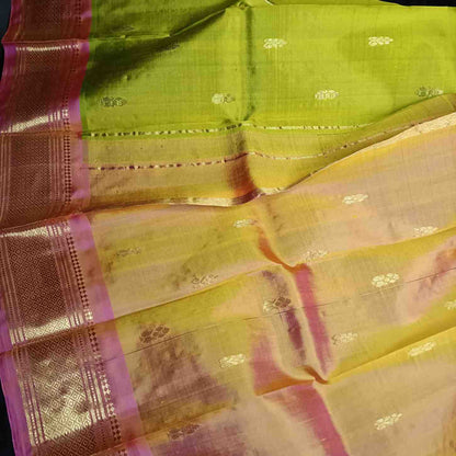 Pure Handloom Parrot Green Thirubhuvanam Silk Saree - Orange Pink Border