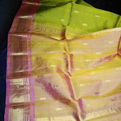 Pure Handloom Parrot Green Thirubhuvanam Silk Saree - Orange Pink Border