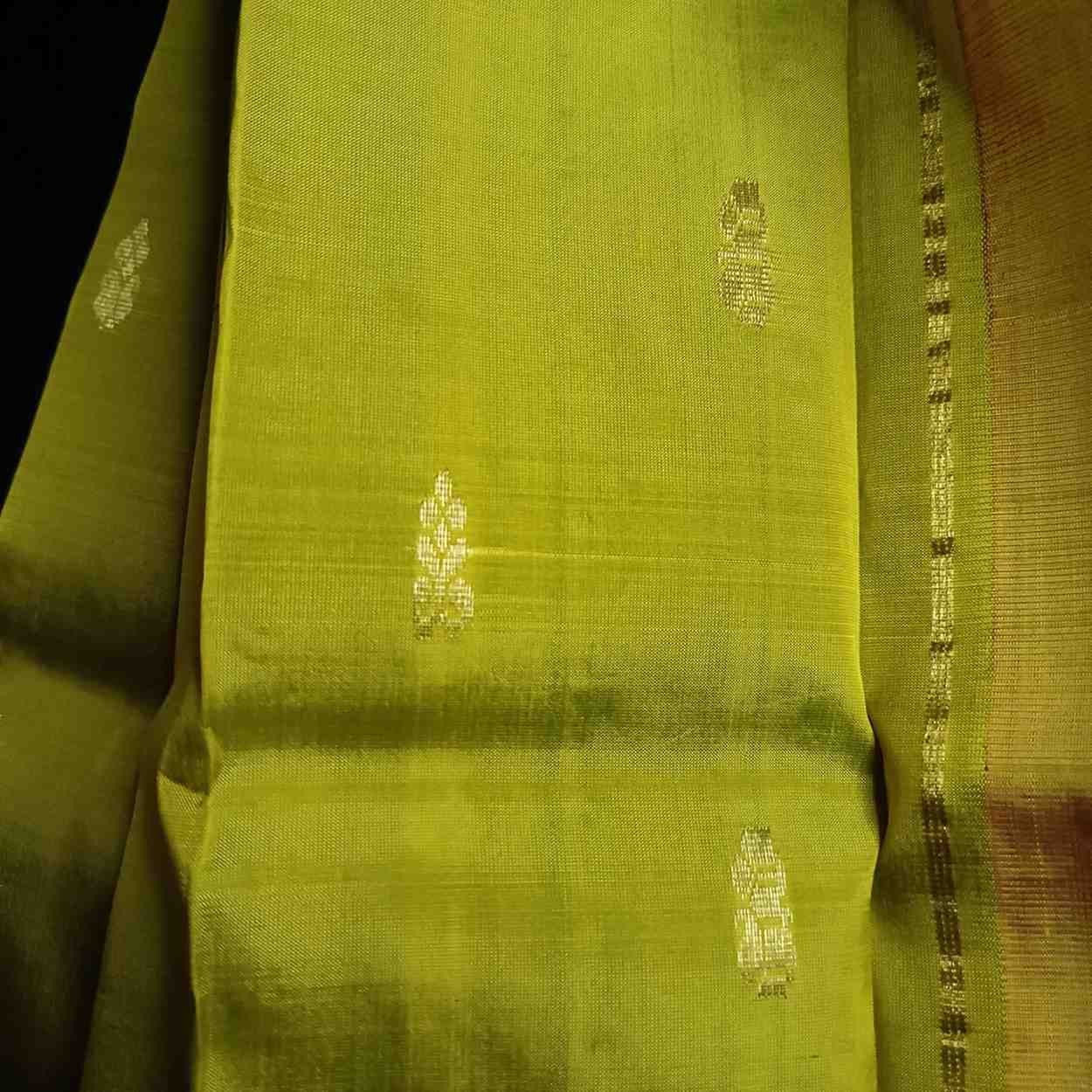 Traditional Rettai Maanga twin mango motifs with Poo flowers on green Thirubhuvanam silk