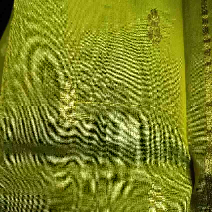 Traditional Rettai Maanga twin mango motifs with Poo flowers on green Thirubhuvanam silk