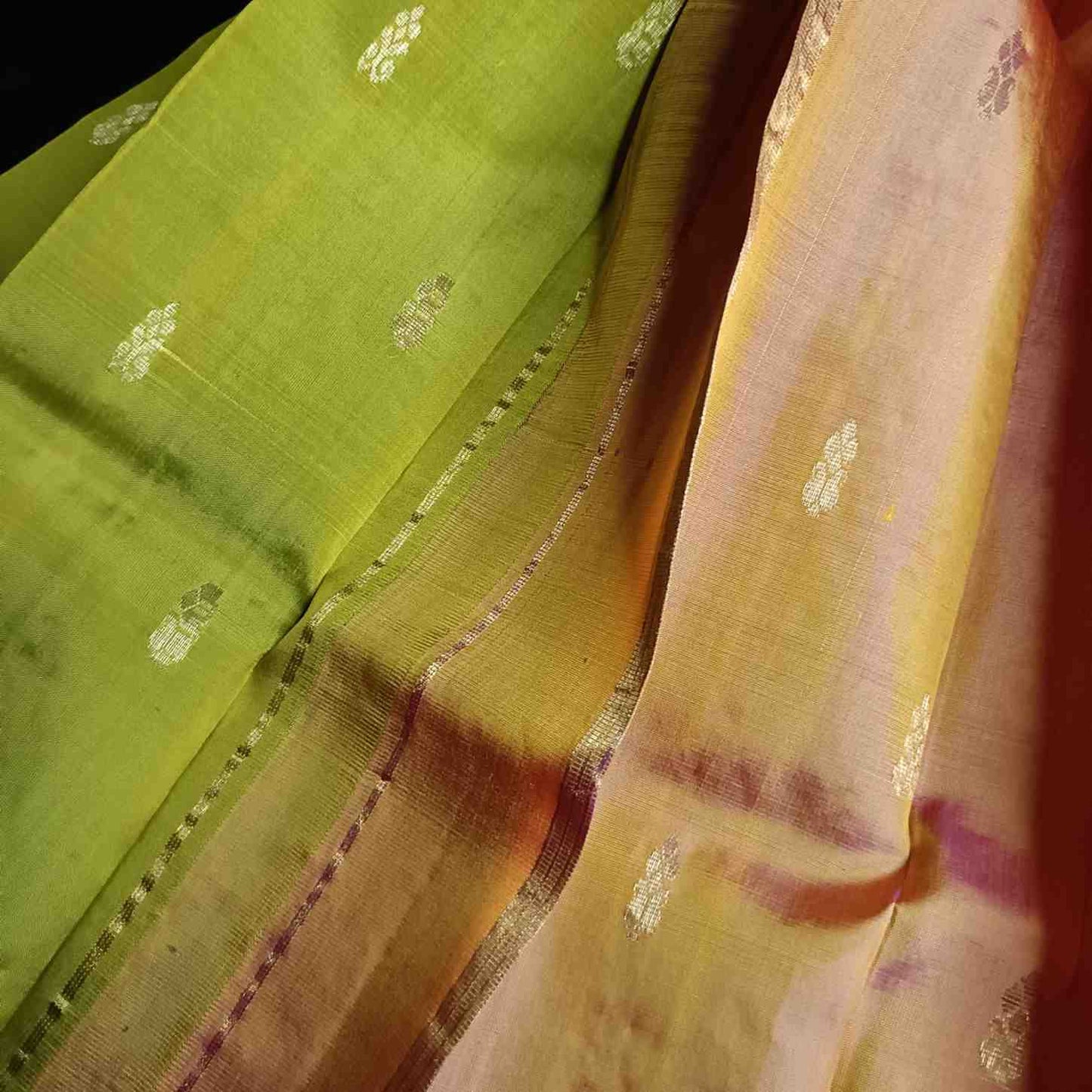 Pure Handloom Parrot Green Thirubhuvanam Silk Saree - Orange Pink Border
