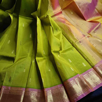 Pure Handloom Parrot Green Thirubhuvanam Silk Saree - Orange Pink Border