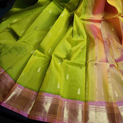 Pure Handloom Parrot Green Thirubhuvanam Silk Saree - Orange Pink Border