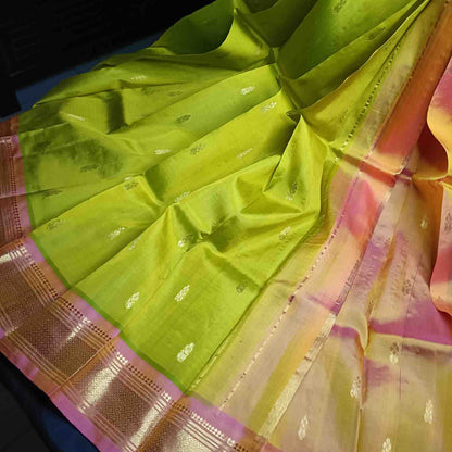 Pure Handloom Parrot Green Thirubhuvanam Silk Saree - Orange Pink Border