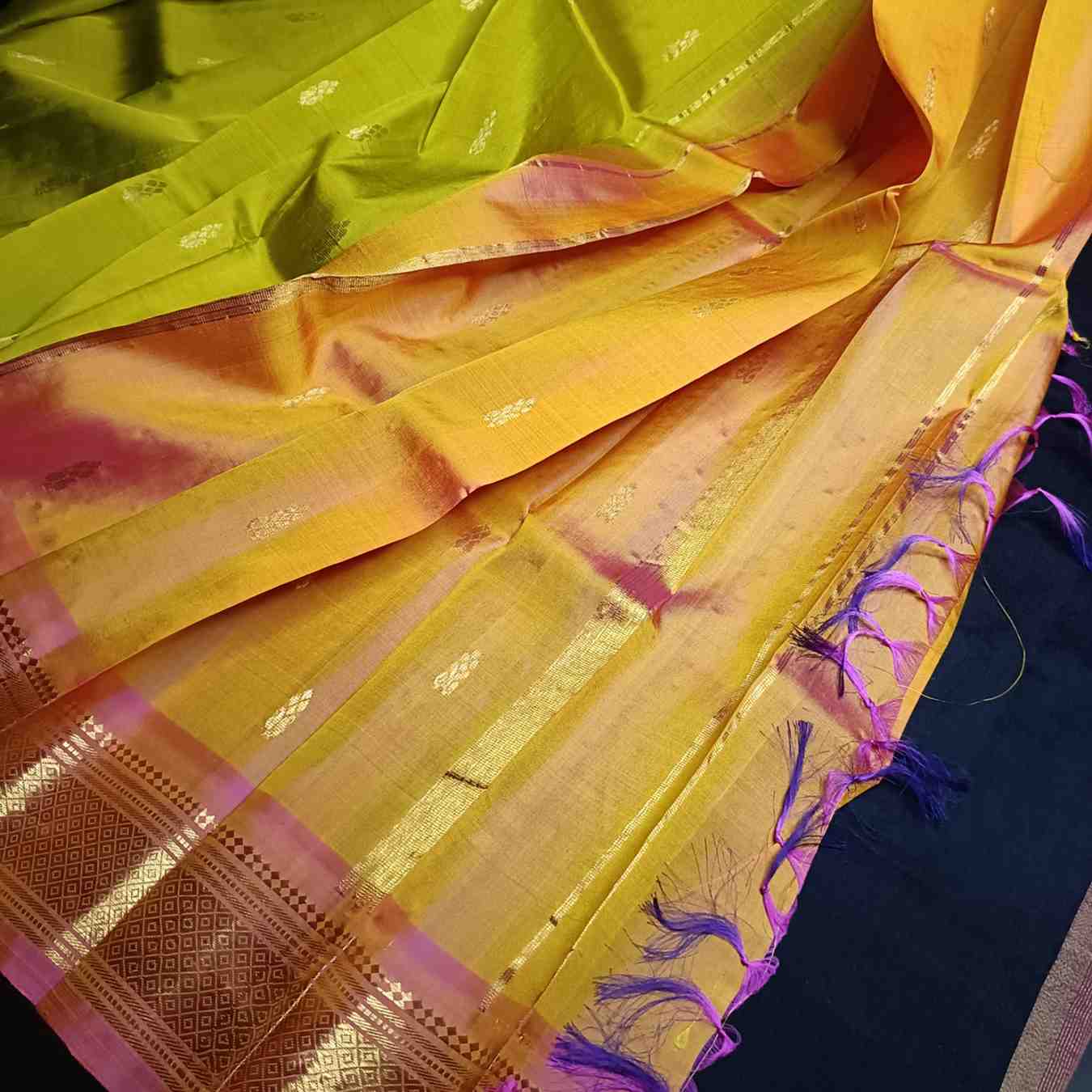Pure Handloom Parrot Green Thirubhuvanam Silk Saree - Orange Pink Border
