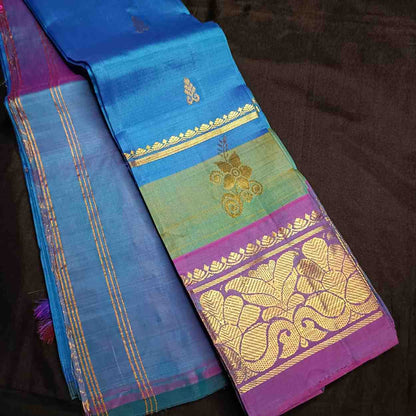 Pure Handloom Peacock Blue Thirubhuvanam Silk Saree - Adhbhutha