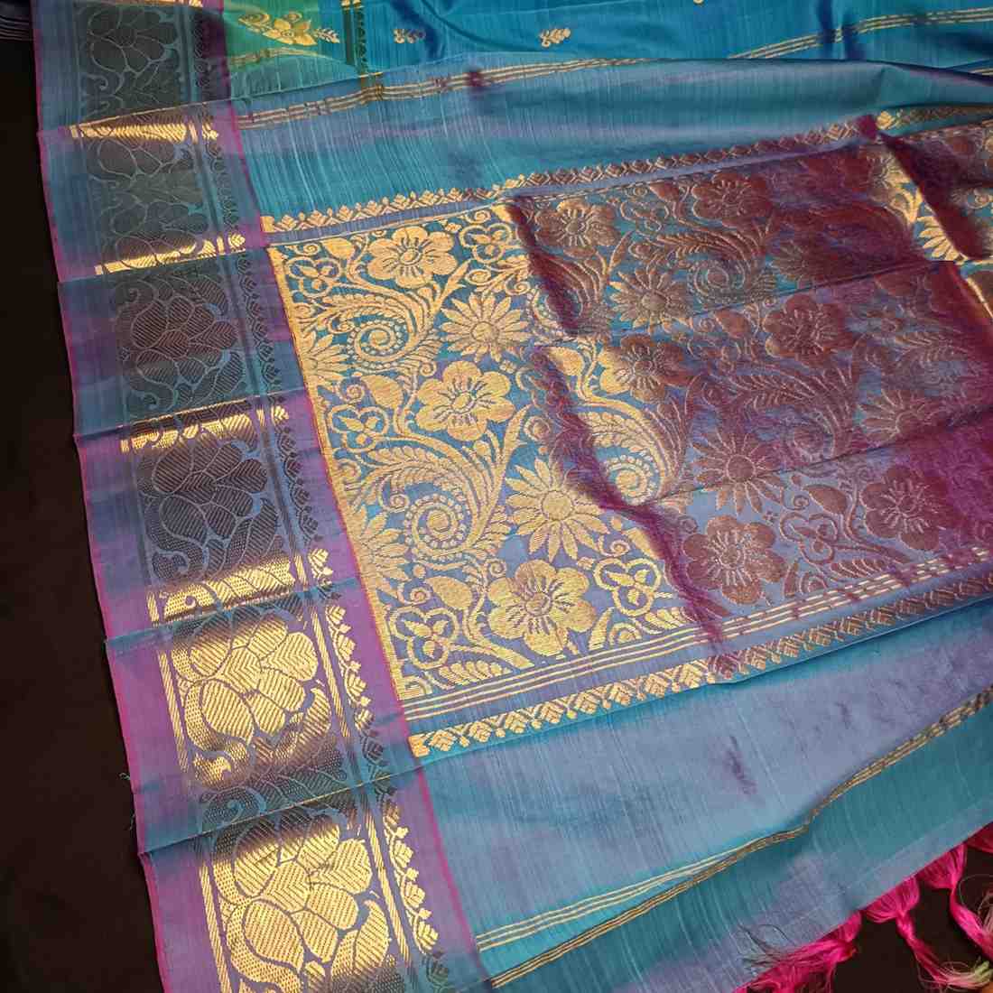 Pure Handloom Peacock Blue Thirubhuvanam Silk Saree - Adhbhutha
