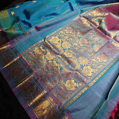 Thirubhuvanam silk saree pallu in dual tone peacock blue with intricate antique zari motifs and fine parallel zari lines