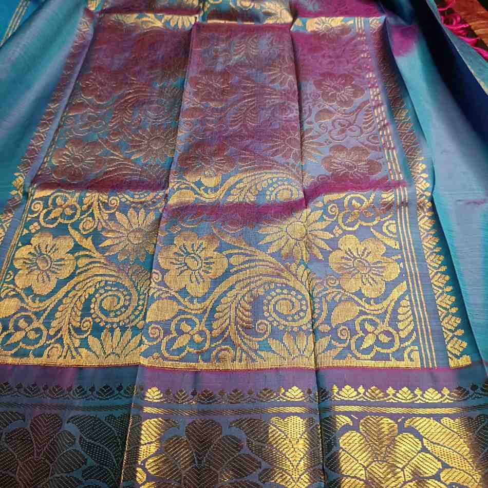 Thirubhuvanam silk saree pallu in dual tone peacock blue with intricate antique zari motifs and fine parallel zari lines