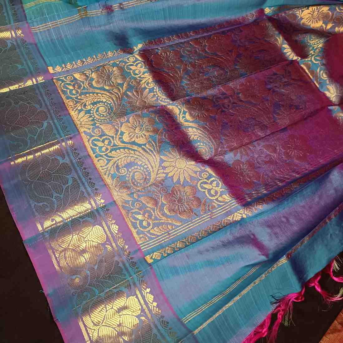 Pure Handloom Peacock Blue Thirubhuvanam Silk Saree - Adhbhutha