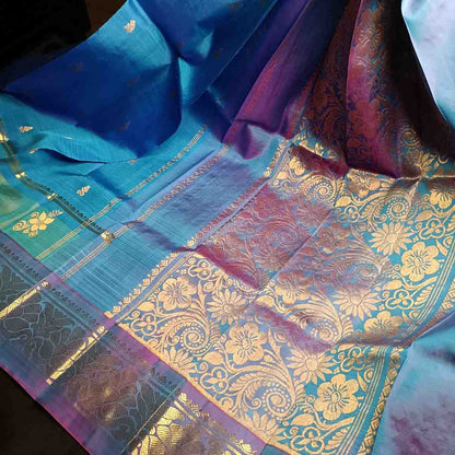 Pure Handloom Peacock Blue Thirubhuvanam Silk Saree - Adhbhutha