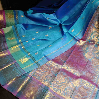Pure Handloom Peacock Blue Thirubhuvanam Silk Saree - Adhbhutha