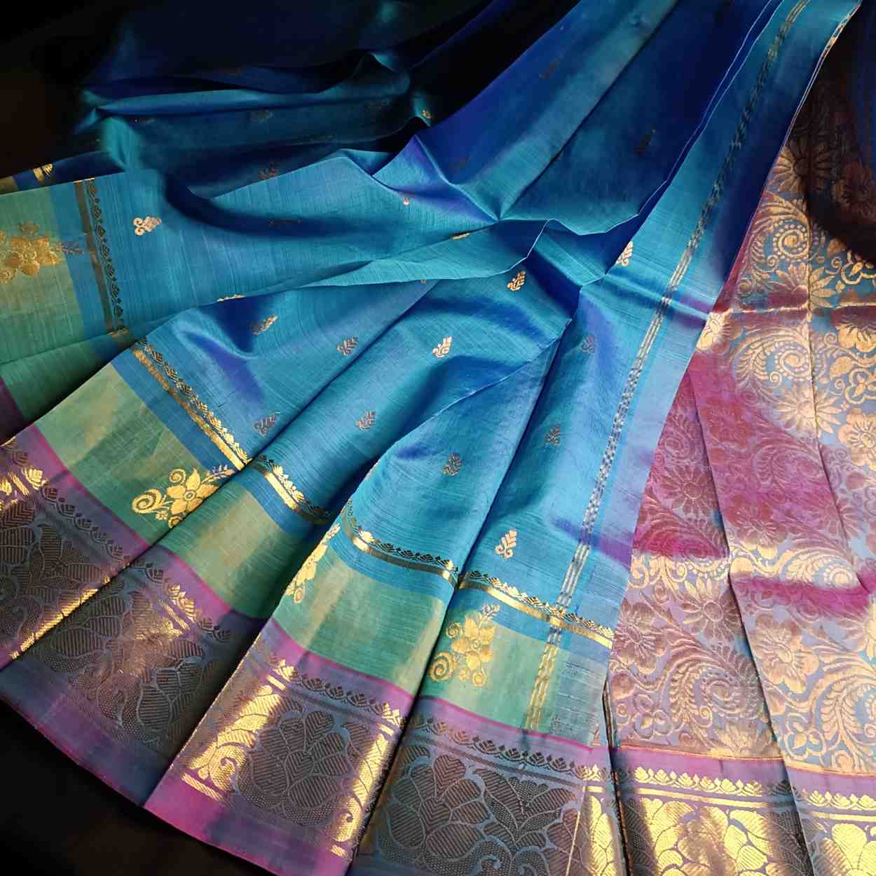 Pure Handloom Peacock Blue Thirubhuvanam Silk Saree - Adhbhutha