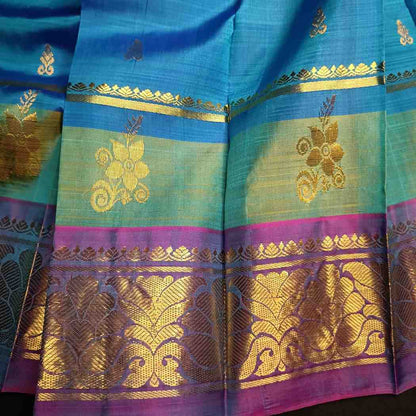 Violet Flower zari border detail on Thirubhuvanam silk saree antique gold zari weaving