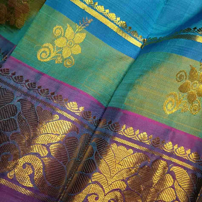 Pure Handloom Peacock Blue Thirubhuvanam Silk Saree - Adhbhutha