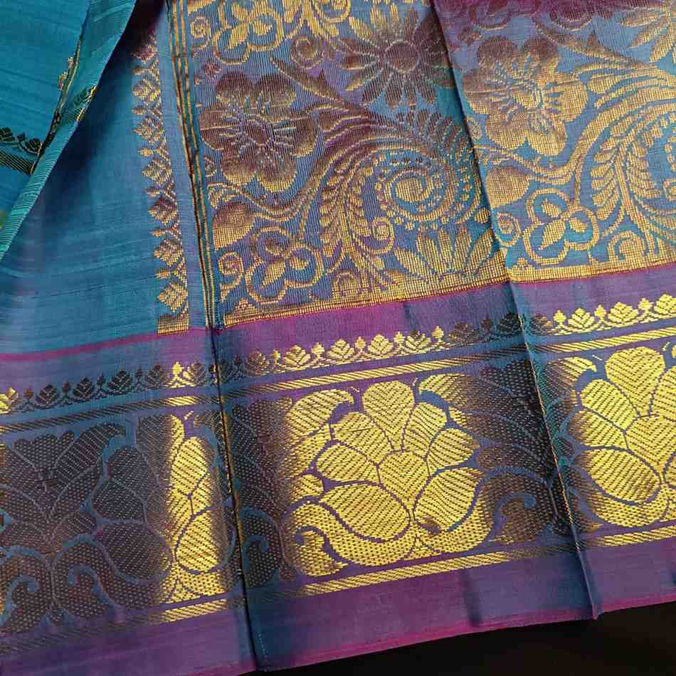 Pure Handloom Peacock Blue Thirubhuvanam Silk Saree - Adhbhutha