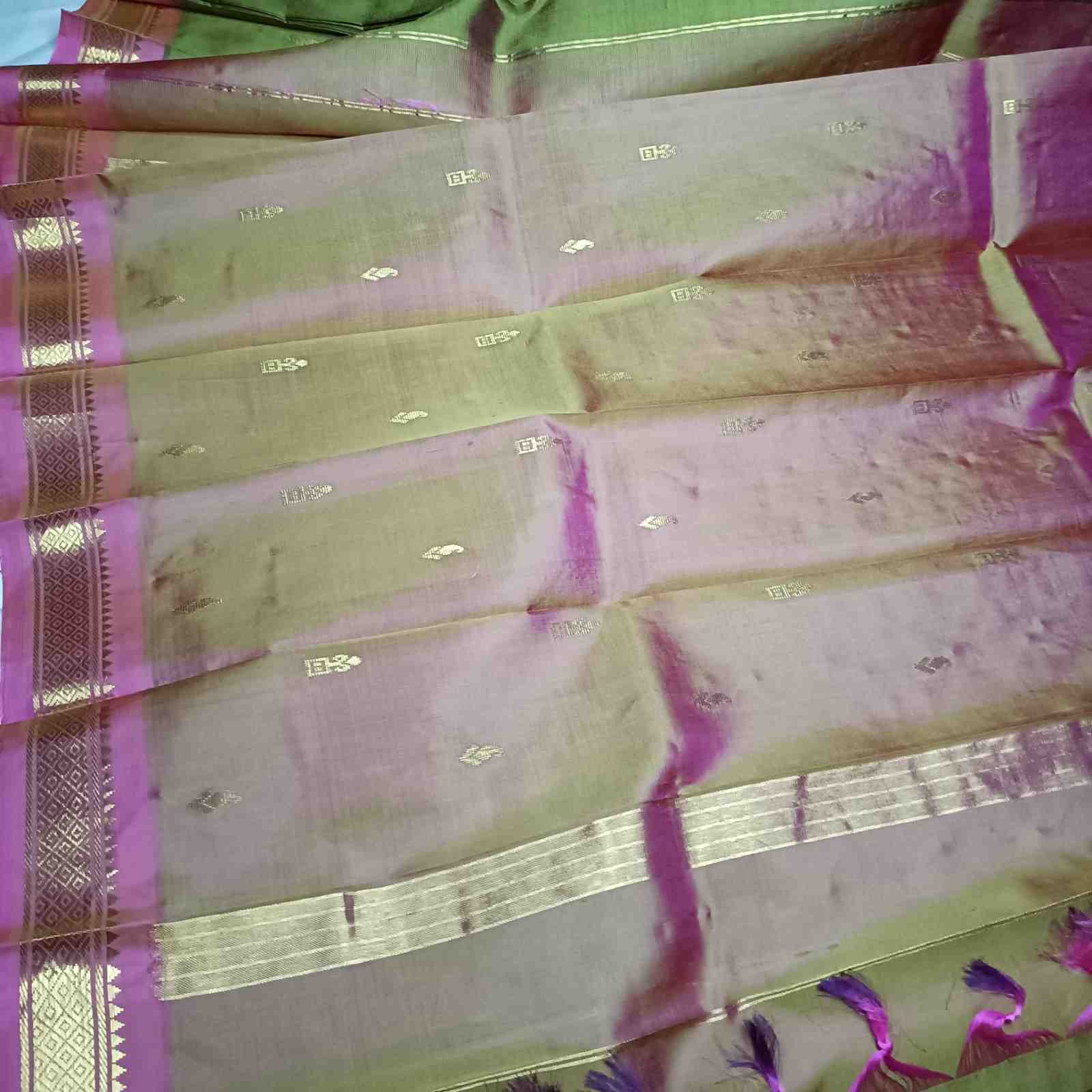 Dual Shade Olive Green and pink pallu with thin zari lines and small buttas  on Thirubhuvanam silk saree