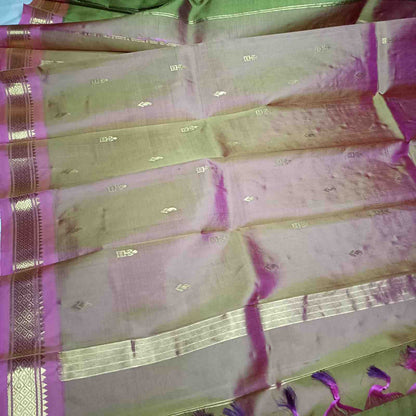 Dual Shade Olive Green and pink pallu with thin zari lines and small buttas  on Thirubhuvanam silk saree