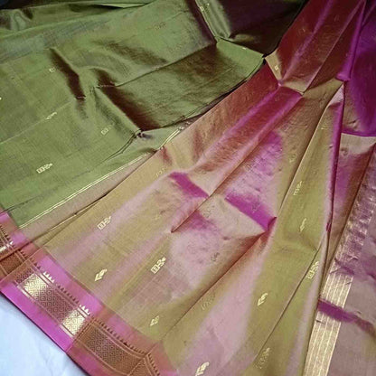 Dual Shade Olive Green and pink pallu with thin zari lines and small buttas  on Thirubhuvanam silk saree