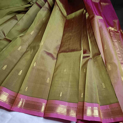 Pure handloom Thirubhuvanam silk fabric showing lightweight 1.5 warp weave