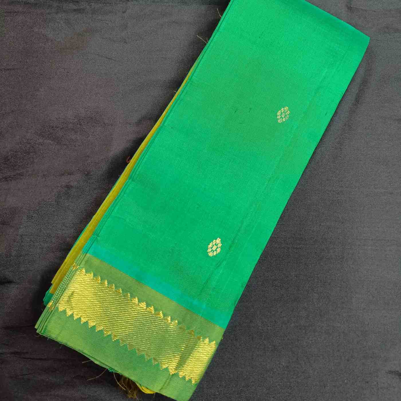 Green saree with yellow border on a dark background