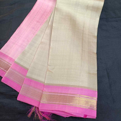 Pure Handloom Ivory Thirubhuvanam Silk Saree - Lotus Pink Border