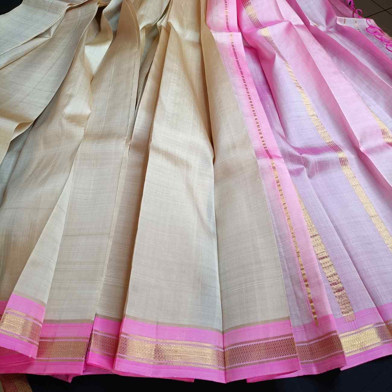 Pure Handloom Ivory Thirubhuvanam Silk Saree - Lotus Pink Border