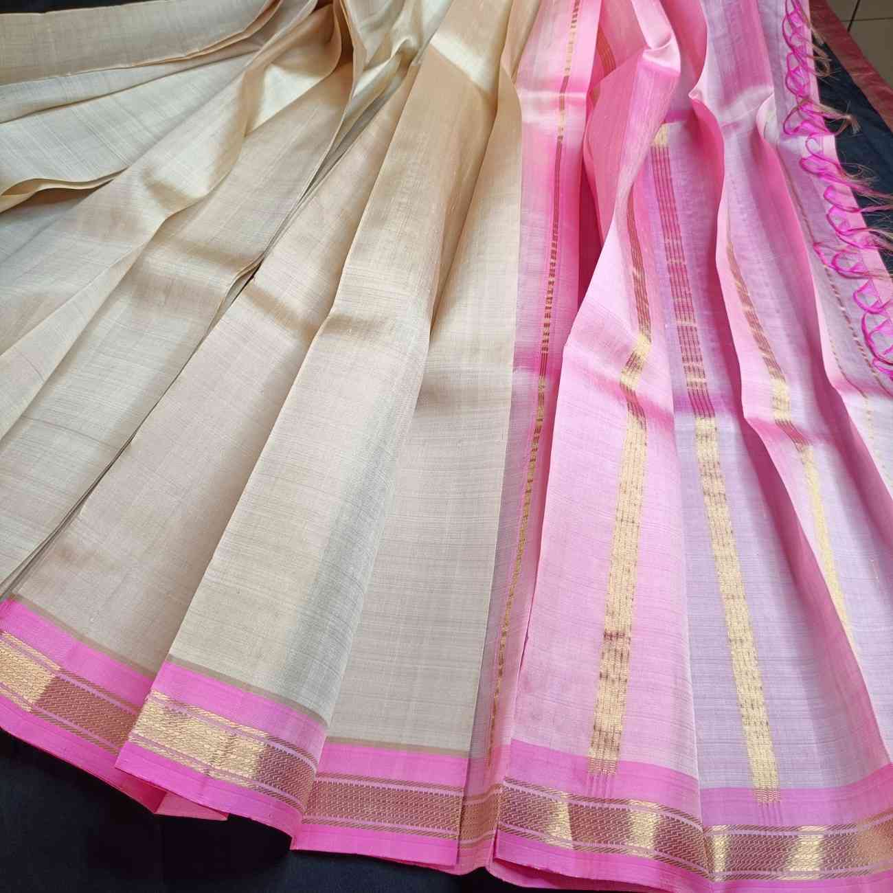 Pure handloom ivory Thirubhuvanam silk saree with lotus pink Bhavanji border full 