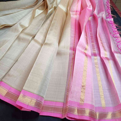 Pure handloom ivory Thirubhuvanam silk saree with lotus pink Bhavanji border full 