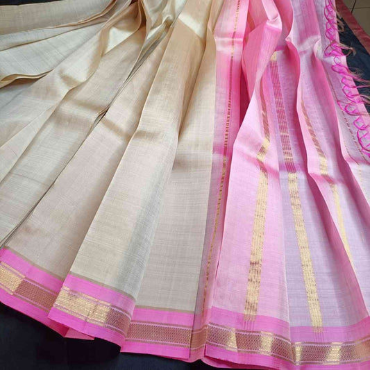 Pure handloom ivory Thirubhuvanam silk saree with lotus pink Bhavanji border full 