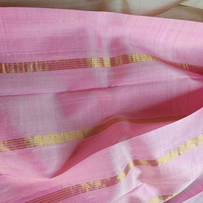 Pure Handloom Ivory Thirubhuvanam Silk Saree - Lotus Pink Border