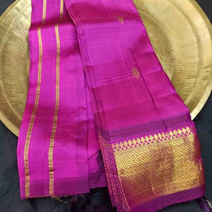 Pure handloom Thirubhuvanam silk saree in dual tone purple with mayilkan zari border, 5.3 m no blouse