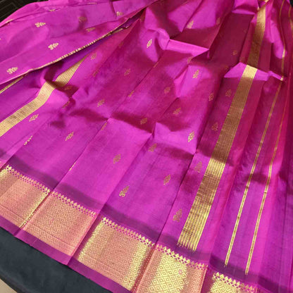 Purple saree with gold patterns and border on a plain background