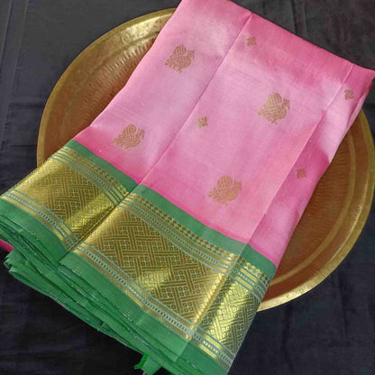 Pure handloom pink Thirubhuvanam silk saree with Annapakshi bird motif full view