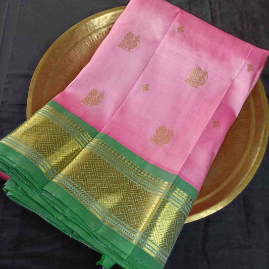 Pure handloom pink Thirubhuvanam silk saree with Annapakshi bird motif full view