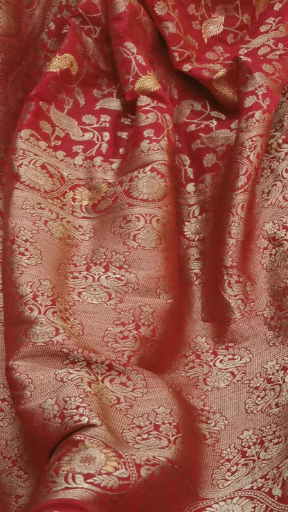 RED PEACOCK FLORAL JAAL BANARASI SEMI SILK SAREE