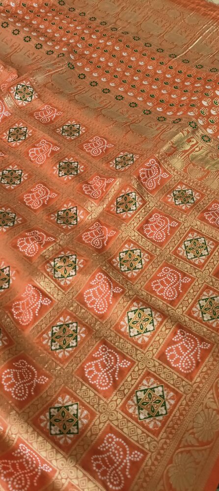 RADIANT ORANGE BLOSSOM BANDHEJ BANARASI SEMI SILK SAREE