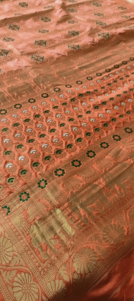 RADIANT ORANGE BLOSSOM BANDHEJ BANARASI SEMI SILK SAREE