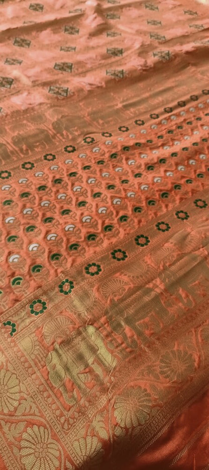 RADIANT ORANGE BLOSSOM BANDHEJ BANARASI SEMI SILK SAREE