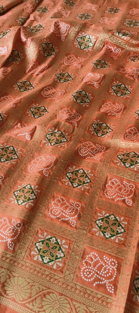 RADIANT ORANGE BLOSSOM BANDHEJ BANARASI SEMI SILK SAREE