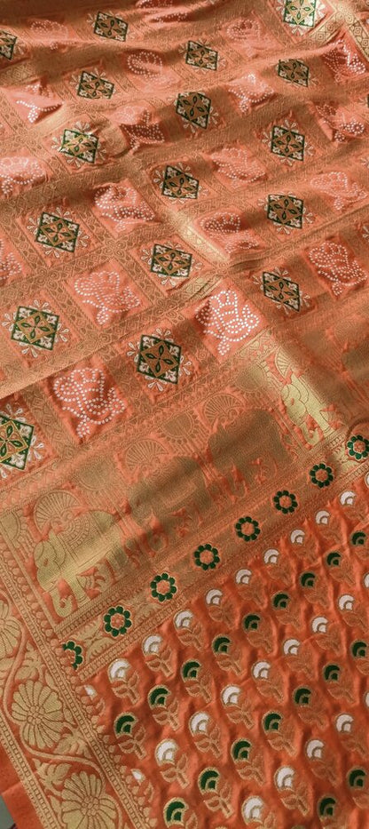 RADIANT ORANGE BLOSSOM BANDHEJ BANARASI SEMI SILK SAREE