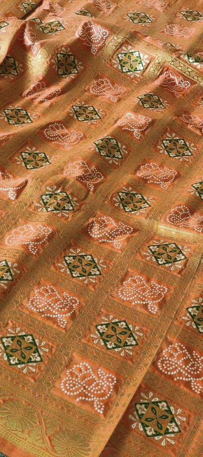 RADIANT ORANGE BLOSSOM BANDHEJ BANARASI SEMI SILK SAREE