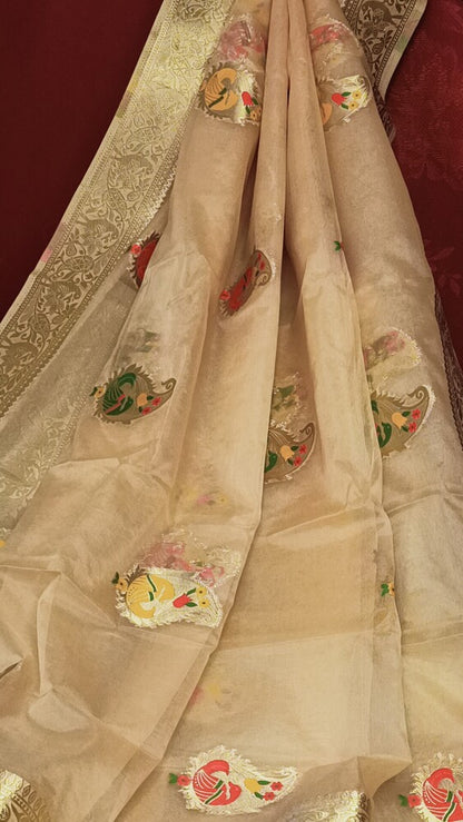 CREAM SIMPLE MANGO MOTIFS BANARASI ORGANZA SAREE