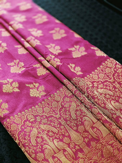 VIOLET PARROT PEACOCK ROSE BUTTA MOTIFS BANARASI SEMI SILK SAREE