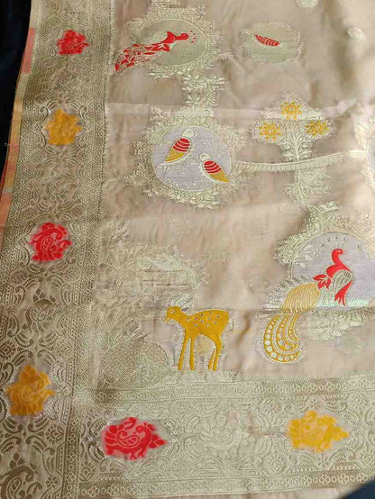 OFF WHITE PARROT PARTY BANARASI ORGANZA SAREE